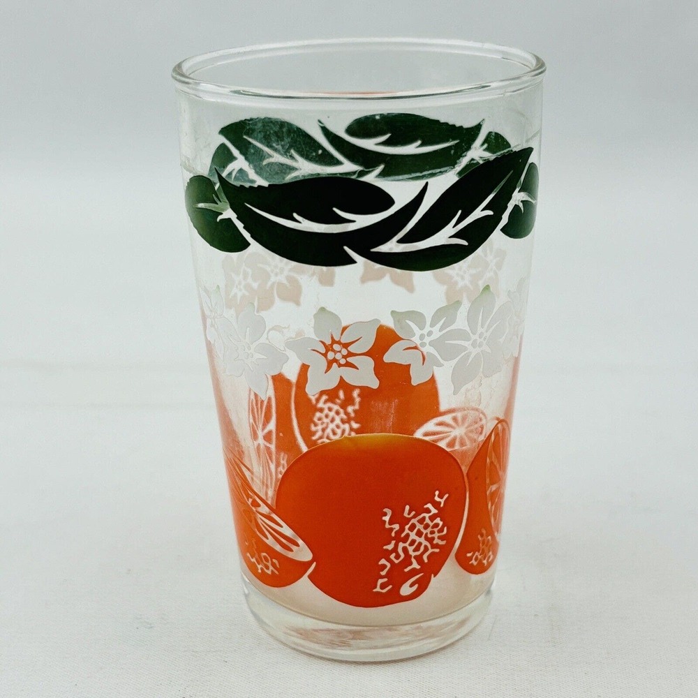 Vintage Anchor Hocking Oranges Flat Juice Glass White Floral Border Green Leaves
